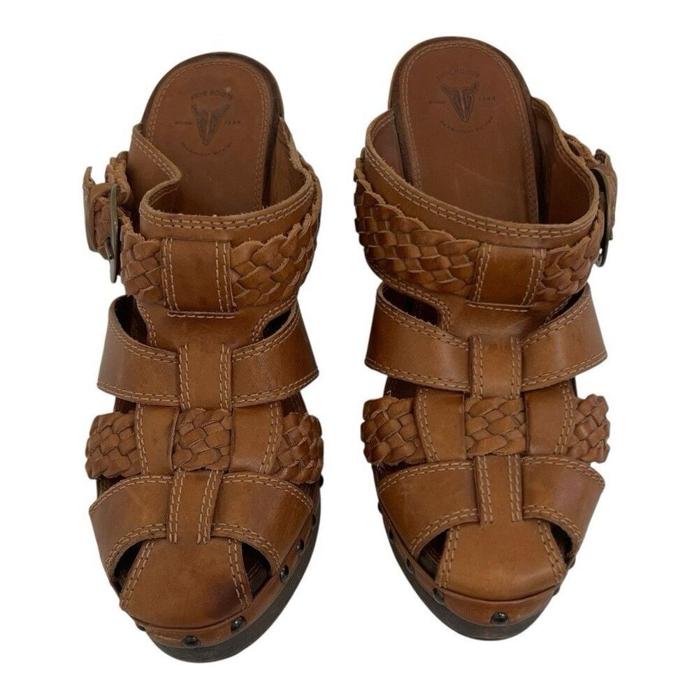 Frye Womens Size 8.5 Woven Leather Sandals Brown Wood Heel Boho Platform Clogs - Picture 3 of 8